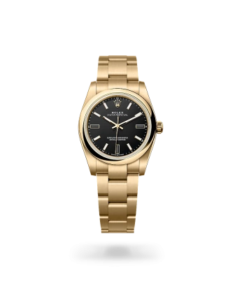 Rolex Oyster Perpetual 34 in yellow gold with a Black dial, domed  bezel, and Oyster bracelet - AH Riise