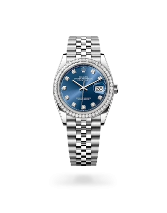 Rolex Datejust 36 in Oystersteel, white gold and diamonds with a BLUEer-of-pearl dial with diamonds, bezel with diamonds, and Jubilee bracelet, m126284rbr-0029 - AH Riise