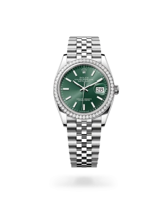 Rolex Datejust 36 in Oystersteel, white gold and diamonds with a Mint green dial, bezel with diamonds, and Jubilee bracelet, m126284rbr-0043 - AH Riise