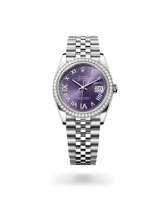 Rolex Datejust 36 in Oystersteel, white gold and diamonds with a aubergine dial with diamonds, bezel with diamonds, and Jubilee bracelet, m126284rbr-0055 - AH Riise