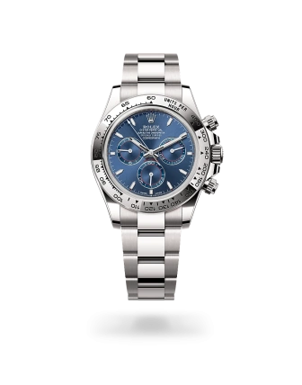 Rolex Cosmograph Daytona in white gold with Bright blue dial, fixed bezel, and Oyster bracelet, m126509-0005 - AH Riise
