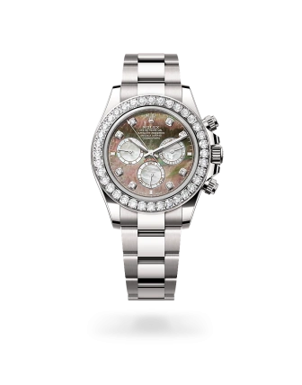 Rolex Cosmograph Daytona in white gold and diamonds with a mother-of-pearl dial, bezel set with diamonds, and Oyster bracelet, m126579rbr-0001 - AH Riise