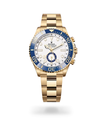 Rolex Yacht-Master II in yellow gold with a White dial, blue Cerachrom insert in ceramic bezel, and Oyster bracelet - AH Riise