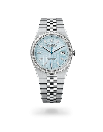 Rolex Land-Dweller 40 in platinum and diamonds with an Ice blue dial, bezel set with diamonds, and flat Jubilee bracelet - AH Riise