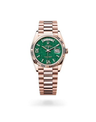 Rolex Day-Date 36 in Everose gold, Green aventurine dial with diamonds, fluted bezel, and President bracelet, m128235-0068 - AH Riise