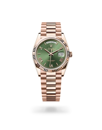 Rolex Day-Date 36 in Everose gold, Olive green dial, fluted bezel, and President bracelet, m128235-0089 - AH Riise
