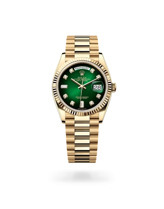 Rolex Day-Date 36 in yellow gold with a Green ombré set with diamonds dial, fluted bezel, and President bracelet, m128238-0069 - AH Riise