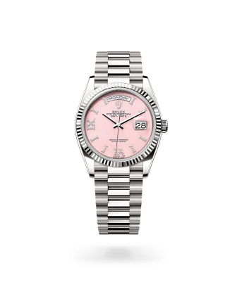 Rolex Day-Date 36 in white gold with a Pink opal set with diamonds dial, fluted bezel, and President bracelet, m128239-0021 - AH Riise