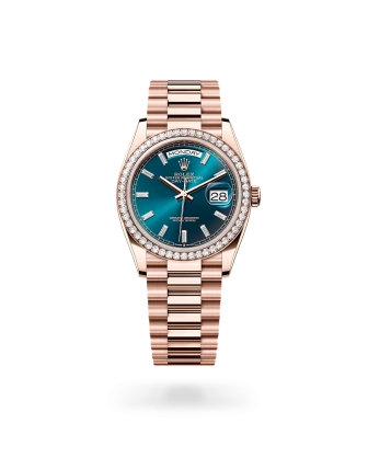 Rolex Day-Date 36 in Everose gold, Blue-green set with diamonds dial, Diamond-set bezel, and President bracelet, m128345rbr-0083 - AH Riise