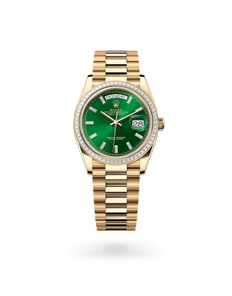 Rolex Day-Date 36 in yellow gold and diamonds, Bright green set with diamonds dial, bezel Set with diamonds, and President bracelet, m128398tbr-0035 - AH Riise