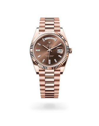 Rolex Day-Date 40 in Everose gold with a Chocolate dial set with diamonds, fluted bezel, and President bracelet, m228235-0003 - AH Riise
