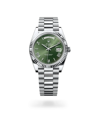 Rolex Day-Date 40 in platinum with an Olive green dial, fluted bezel, and President bracelet, m228236-0008 - AH Riise