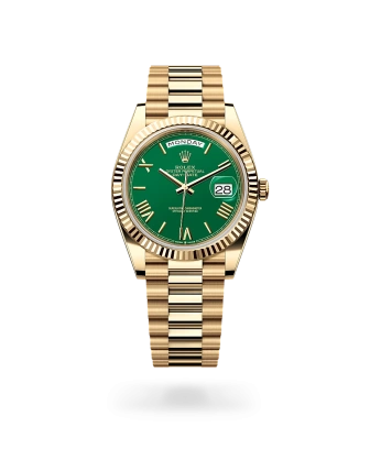 Rolex Day-Date 40 in yellow gold with a Green dial, fluted bezel, and President bracelet, m228238-0061 - AH Riise