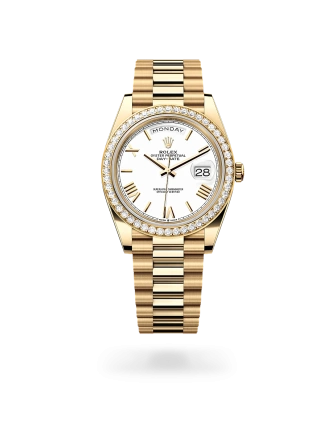 Rolex Day-Date 40 in yellow gold, White dial, Diamond-set bezel , and President bracelet, m228348rbr0034 - AH Riise