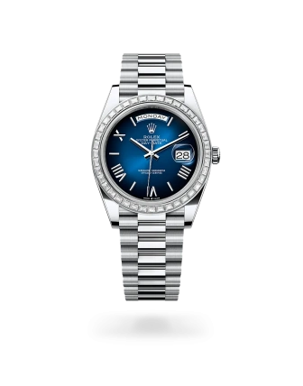Rolex Day-Date 40 in platinum, Blue ombré dial, Diamond-set bezel , and President bracelet, m228396tbr-0042 - AH Riise