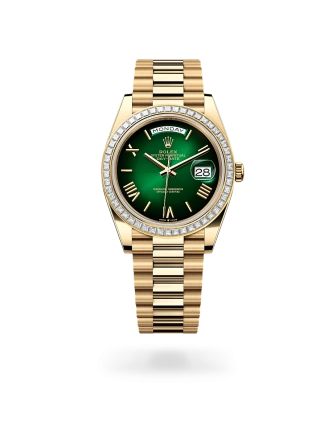 Rolex Day-Date 40 in yellow gold, Green ombré dial, Diamond-set bezel , and President bracelet, m228398tbr-0042 - AH Riise