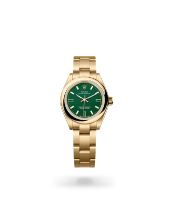 Rolex Oyster Perpetual 28 in yellow gold with a Green stone dial, domed  bezel, and Oyster bracelet - AH Riise