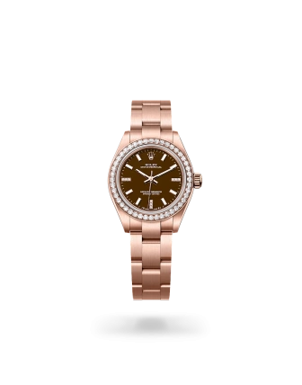 Rolex Oyster Perpetual 28 in Everose gold and diamonds with a Brown stone set with diamonds dial, Diamond-set  bezel, and Oyster bracelet, m276245rbr-0002 - AH Riise