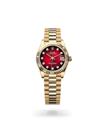 Rolex Datejust 31 in yellow gold with a Red ombré set with diamonds dial, fluted bezel, and President bracelet, m278278-0049 - AH Riise