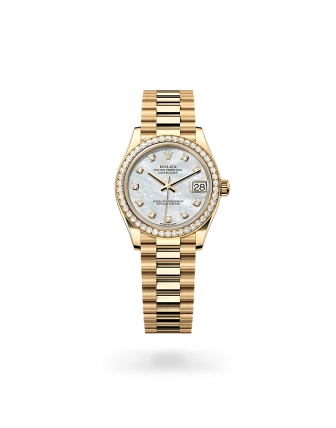 Rolex Datejust 31 in yellow gold and diamonds with a White mother-of-pearl dial with diamonds, bezel with diamonds, and President bracelet, m278288rbr-0006 - AH Riise