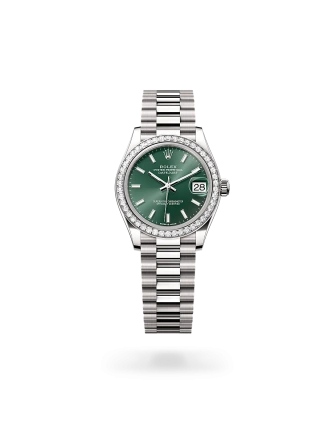 Rolex Datejust 31 in white gold and diamonds with a Mint green dial, bezel with diamonds, and President bracelet, m278289rbr-0015 - AH Riise
