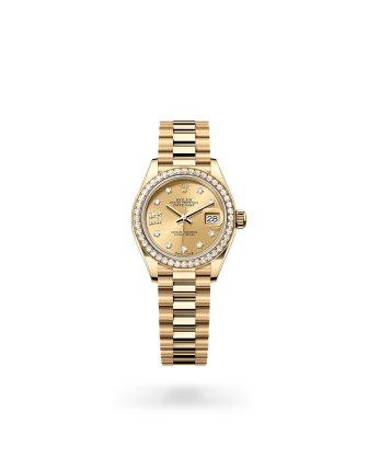 Rolex Lady-Datejust 28 in yellow gold and diamonds, with a Champagne-colour dial, bezel with diamonds, and President bracelet, m279138rbr-0006 - AH Riise