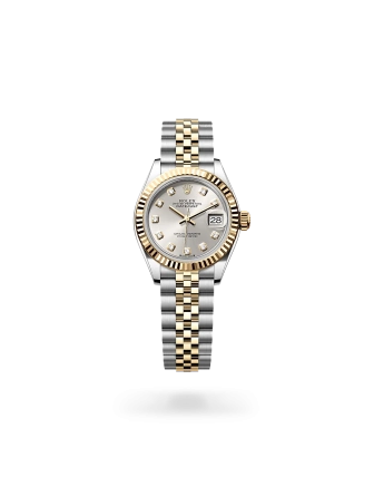 Rolex Lady-Datejust 28 in Oystersteel and yellow gold with a  Silver set with diamonds dial, fluted bezel, and Jubilee bracelet - AH Riise