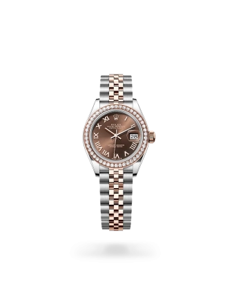 Rolex Lady-Datejust 28 in Oystersteel, Everose gold and diamonds, with a chocolate dial, bezel with diamonds, and Jubilee bracelet - AH Riise