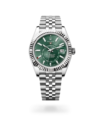 Rolex Sky-Dweller in Oystersteel and white gold with a mint green dial, fluted bezel, and Jubilee bracelet, m336934-0002 - AH Riise