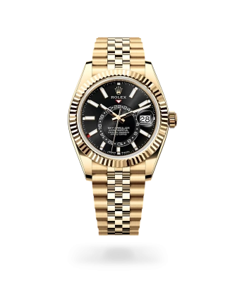 Rolex Sky-Dweller in yellow gold with a Bright black dial, fluted bezel, and Jubilee bracelet, m336938-0005 - AH Riise