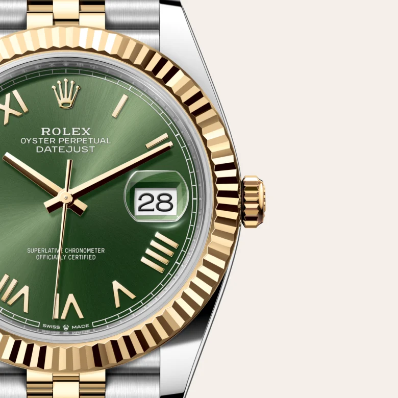 Rolex Datejust 41 in Oystersteel and yellow gold with a Olive green dial, fluted bezel, and Jubilee bracelet - AH Riise