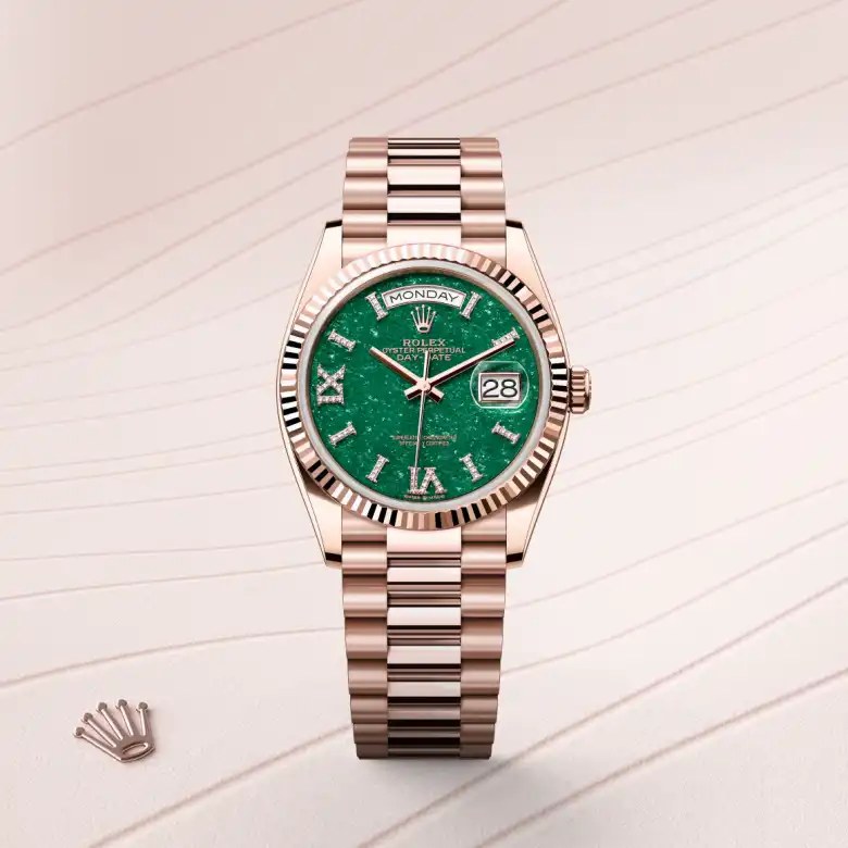 Rolex Day-Date 36 in Everose gold, Green aventurine dial with diamonds, fluted bezel, and President bracelet - AH Riise
