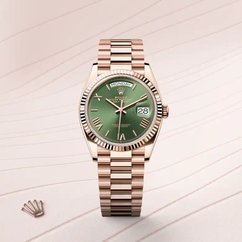 Rolex Day-Date 36 in Everose gold, Olive green dial, fluted bezel, and President bracelet - AH Riise