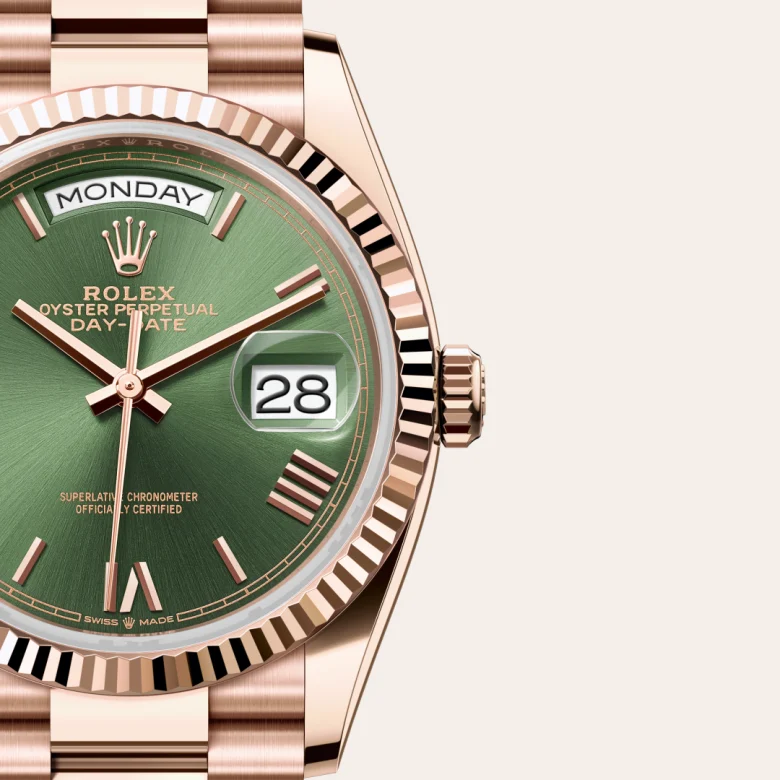 Rolex Day-Date 36 in Everose gold, Olive green dial, fluted bezel, and President bracelet - AH Riise