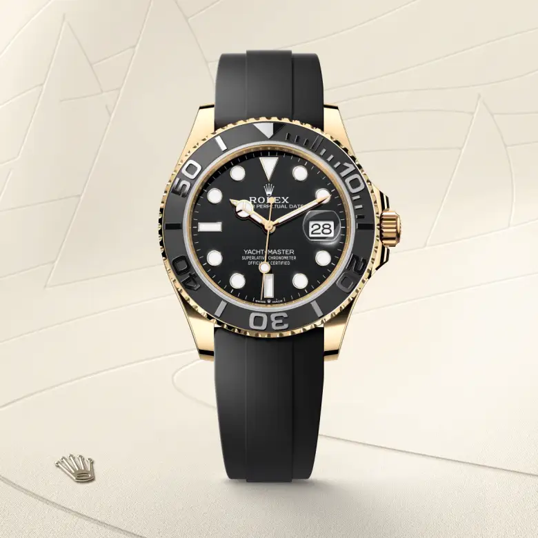 Rolex Yacht-Master 42 in yellow gold with a black dial, matt black Cerachrom insert in ceramic bezel, and Oysterflex bracelet - AH Riise