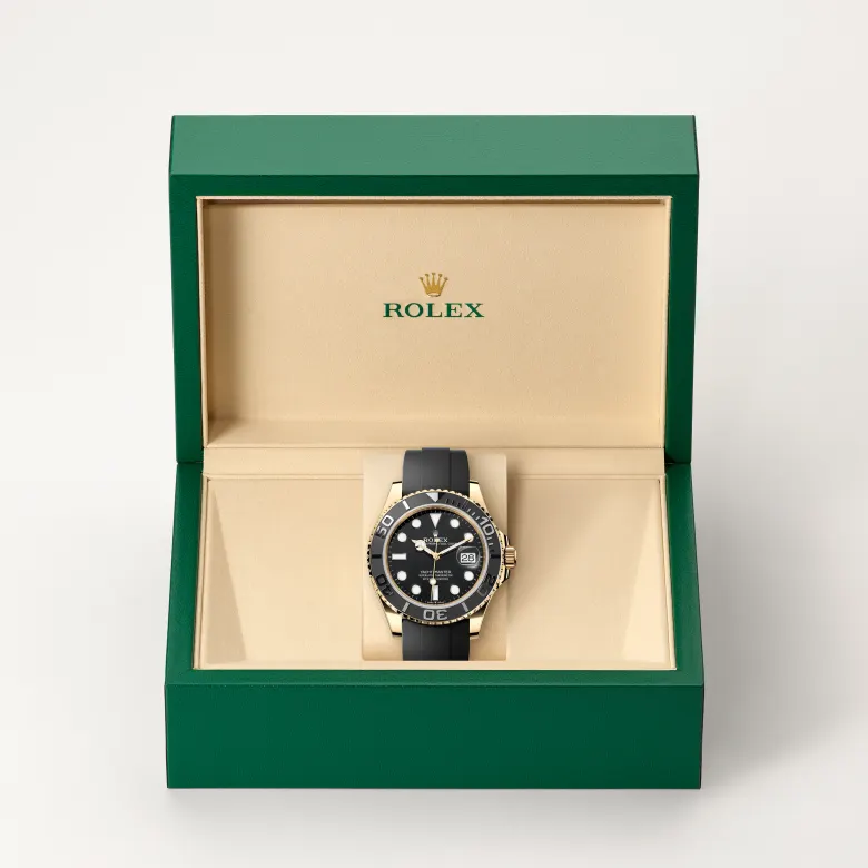 Rolex Yacht-Master 42 in yellow gold with a black dial, matt black Cerachrom insert in ceramic bezel, and Oysterflex bracelet - AH Riise