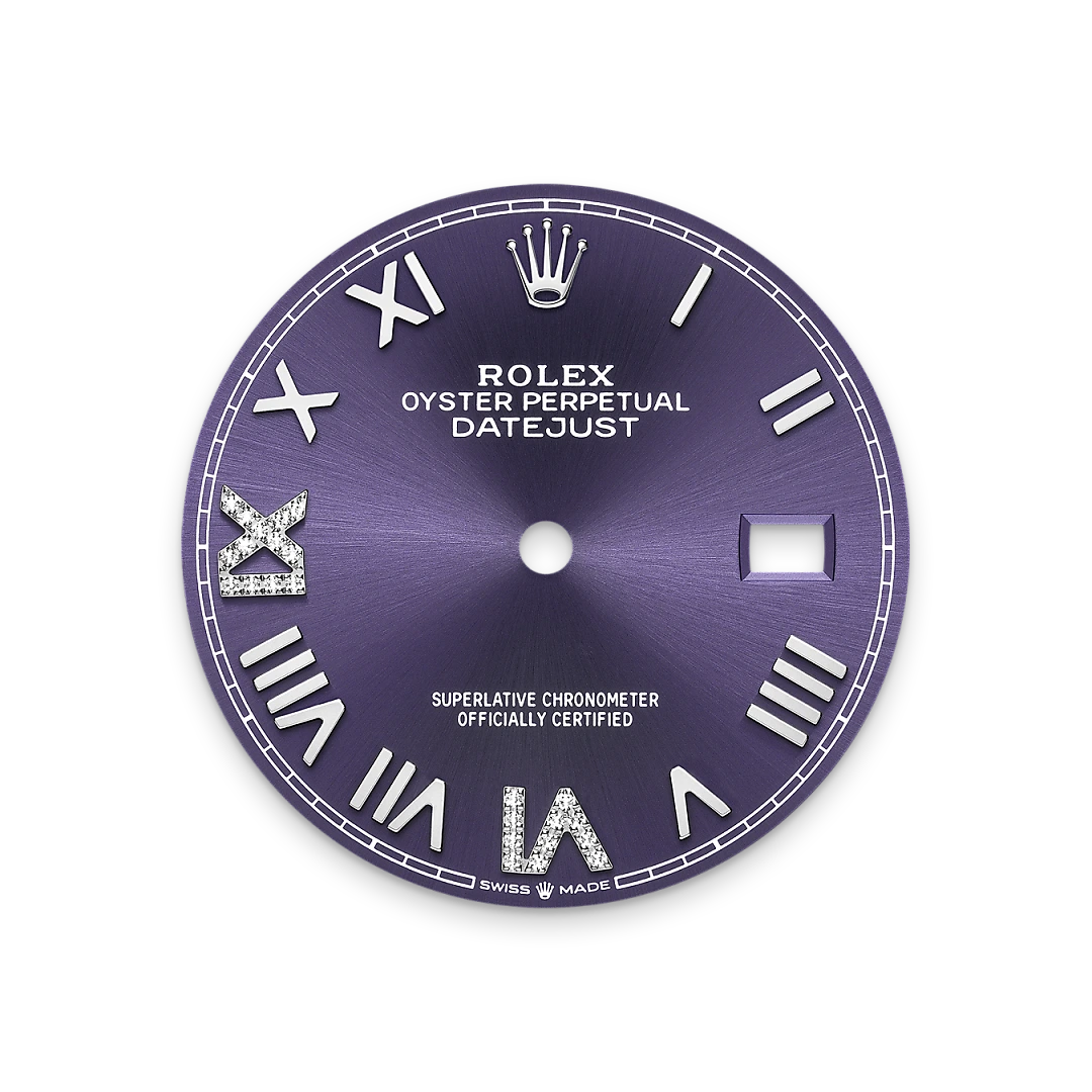Rolex Datejust 36 in Oystersteel, white gold and diamonds with a aubergine dial with diamonds, bezel with diamonds, and Jubilee bracelet, m126284rbr-0055 - AH Riise