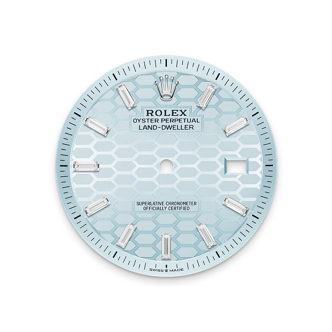 Rolex Land-Dweller 40 in platinum and diamonds with an Ice blue dial, bezel set with diamonds, and flat Jubilee bracelet m127386tbr-0001 - AH Riise