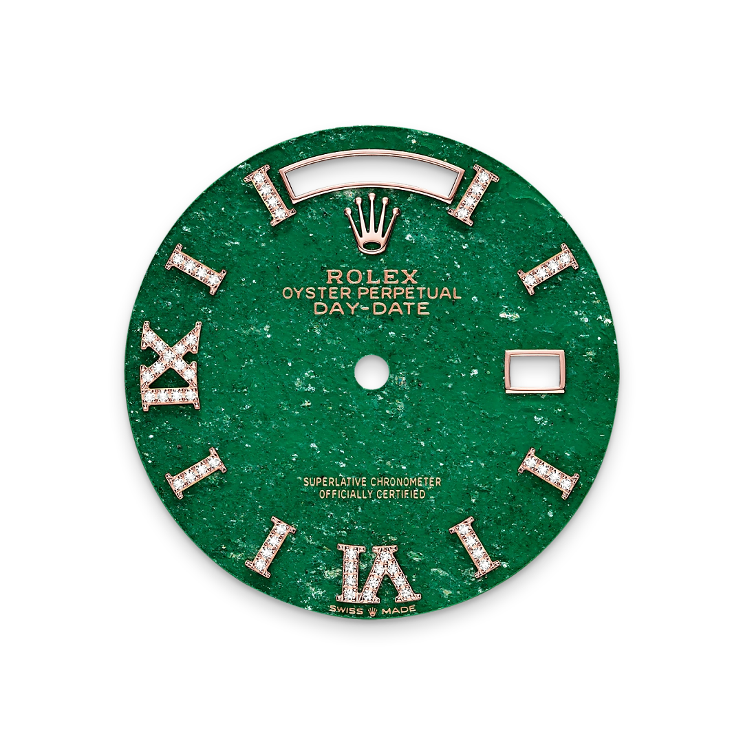 Rolex Day-Date 36 in Everose gold, Green aventurine dial with diamonds, fluted bezel, and President bracelet, m128235-0068 - AH Riise Rolex Day-Date 36 in Everose gold, Green aventurine dial with diamonds, fluted bezel, and President bracelet, m128235-0068 - AH Riise