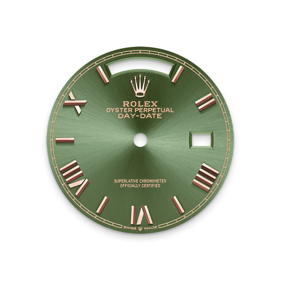 Rolex Day-Date 36 in Everose gold, Olive green dial, fluted bezel, and President bracelet, m128235-0089 - AH Riise Rolex Day-Date 36 in Everose gold, Olive green dial, fluted bezel, and President bracelet, m128235-0089 - AH Riise