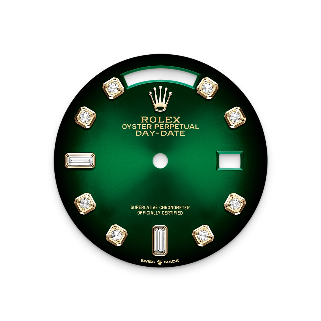 Rolex Day-Date 36 in yellow gold with a Green ombré set with diamonds dial, fluted bezel, and President bracelet, m128238-0069 - AH Riise Rolex Day-Date 36 in yellow gold with a Green ombré set with diamonds dial, fluted bezel, and President bracelet, m128238-0069 - AH Riise
