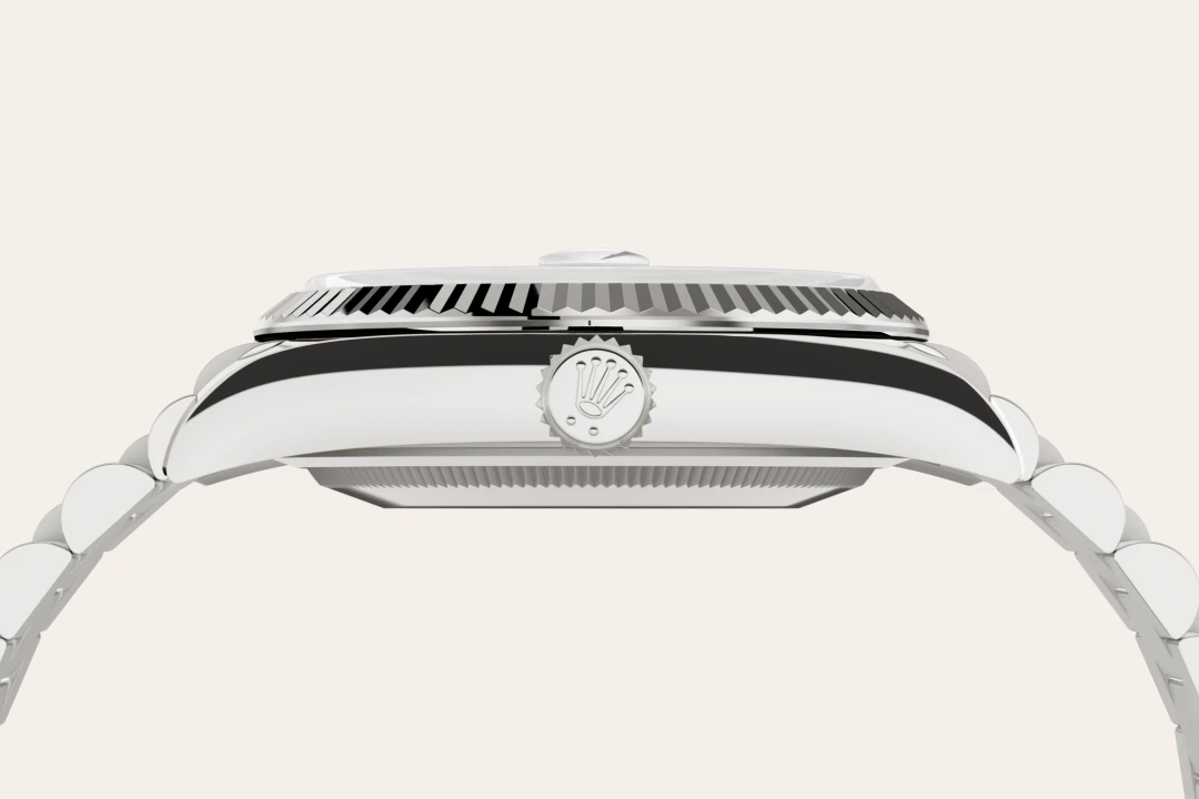 Rolex Day-Date 36 in white gold with a Pink opal set with diamonds dial, fluted bezel, and President bracelet, m128239-0021 - AH Riise
