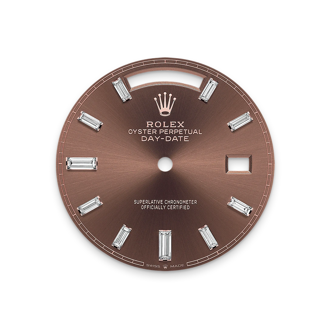 Rolex Day-Date 40 in Everose gold with a Chocolate dial set with diamonds, fluted bezel, and President bracelet, m228235-0003 - AH Riise