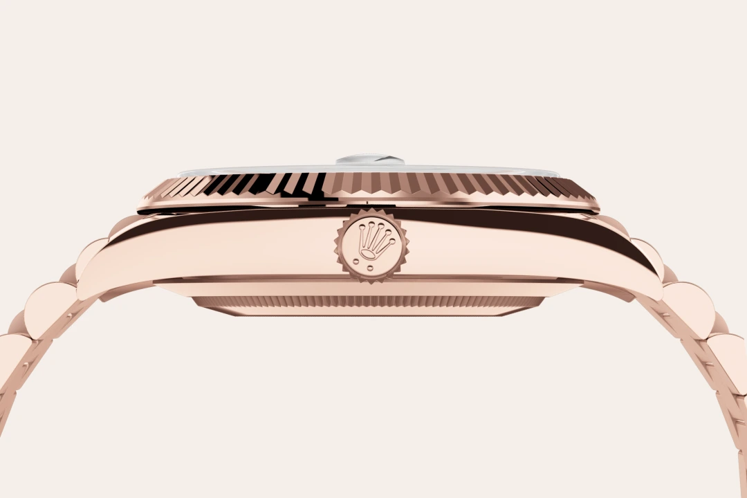 Rolex Day-Date 40 in Everose gold with a Chocolate dial set with diamonds, fluted bezel, and President bracelet, m228235-0003 - AH Riise