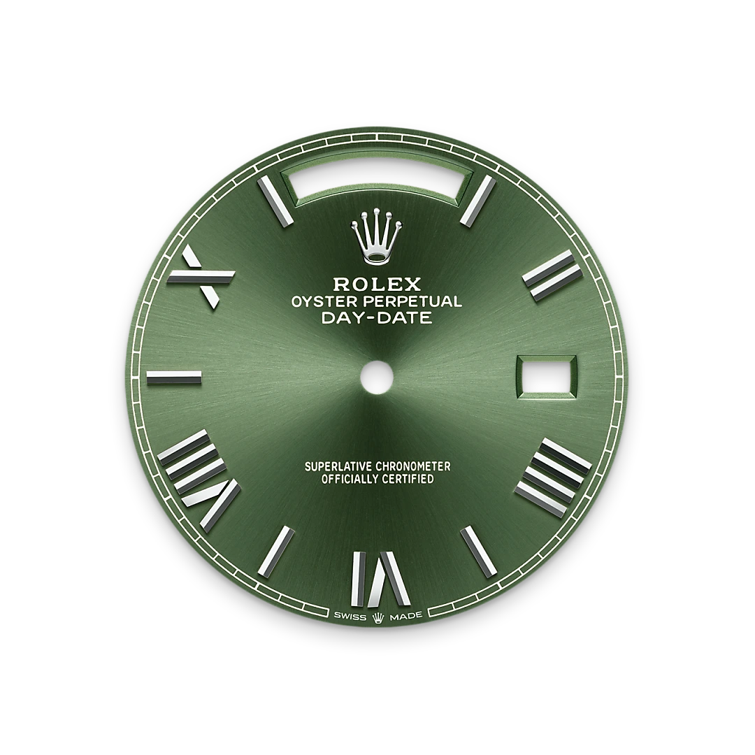 Rolex Day-Date 40 in platinum with an Olive green dial, fluted bezel, and President bracelet, m228236-0008 - AH Riise Rolex Day-Date 40 in platinum with an Olive green dial, fluted bezel, and President bracelet, m228236-0008 - AH Riise