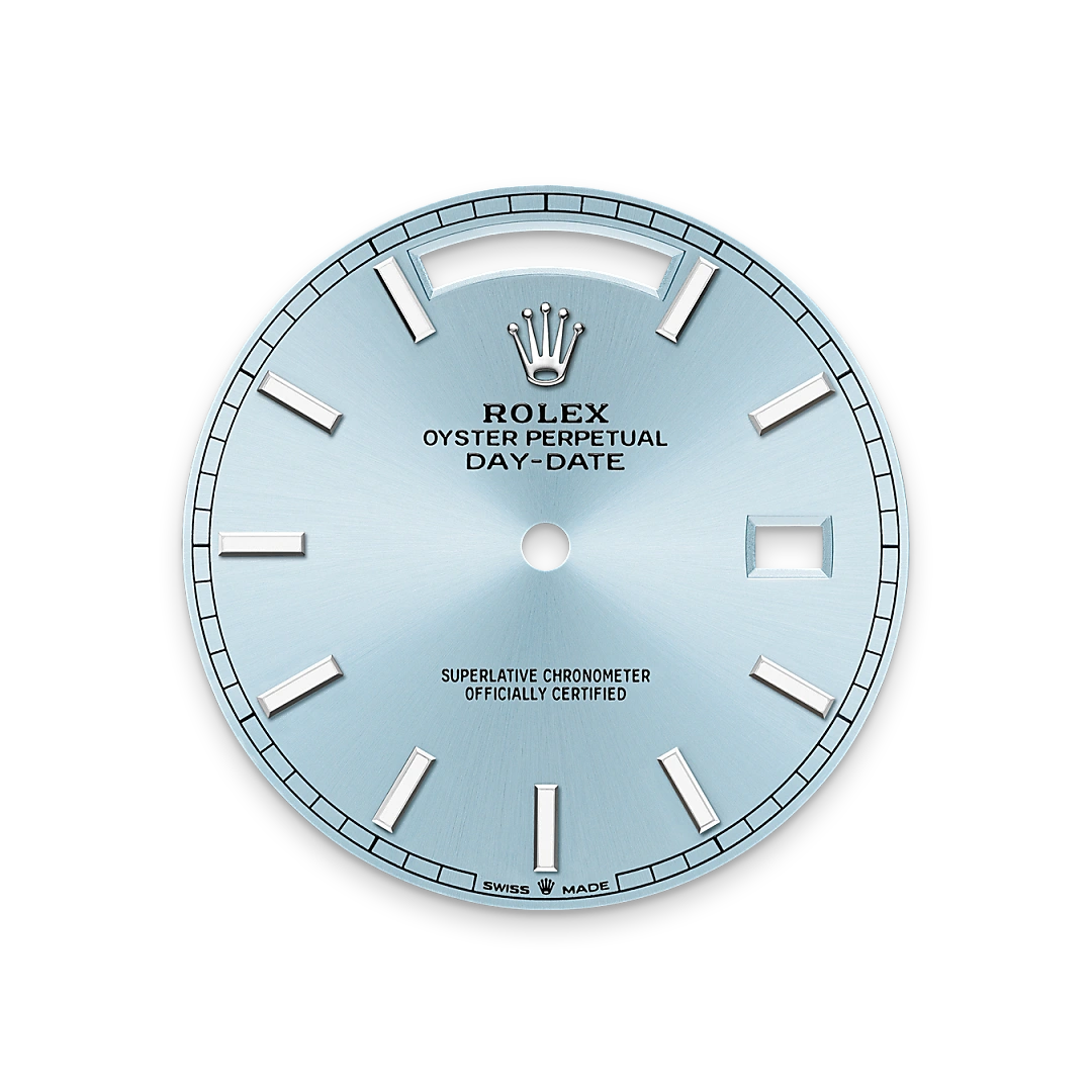 Rolex Day-Date 40 in platinum with an ice blue dial, fluted bezel, and President bracelet, m228236-0018 - AH Riise