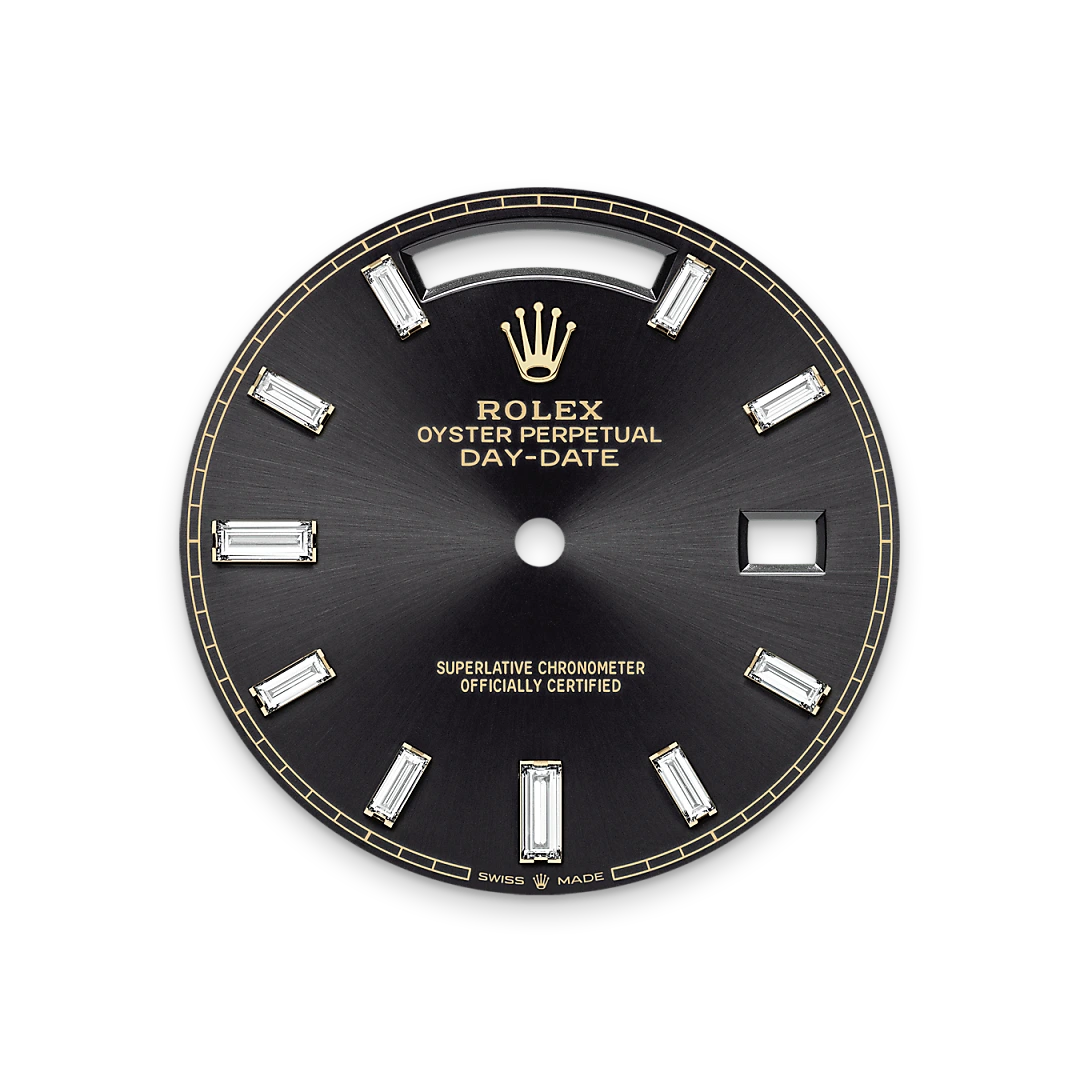 Rolex Day-Date 40 in yellow gold with a Bright black dial set with diamonds, fluted bezel, and President bracelet, m228238-0004 - AH Riise Rolex Day-Date 40 in yellow gold with a Bright black dial set with diamonds, fluted bezel, and President bracelet, m228238-0004 - AH Riise