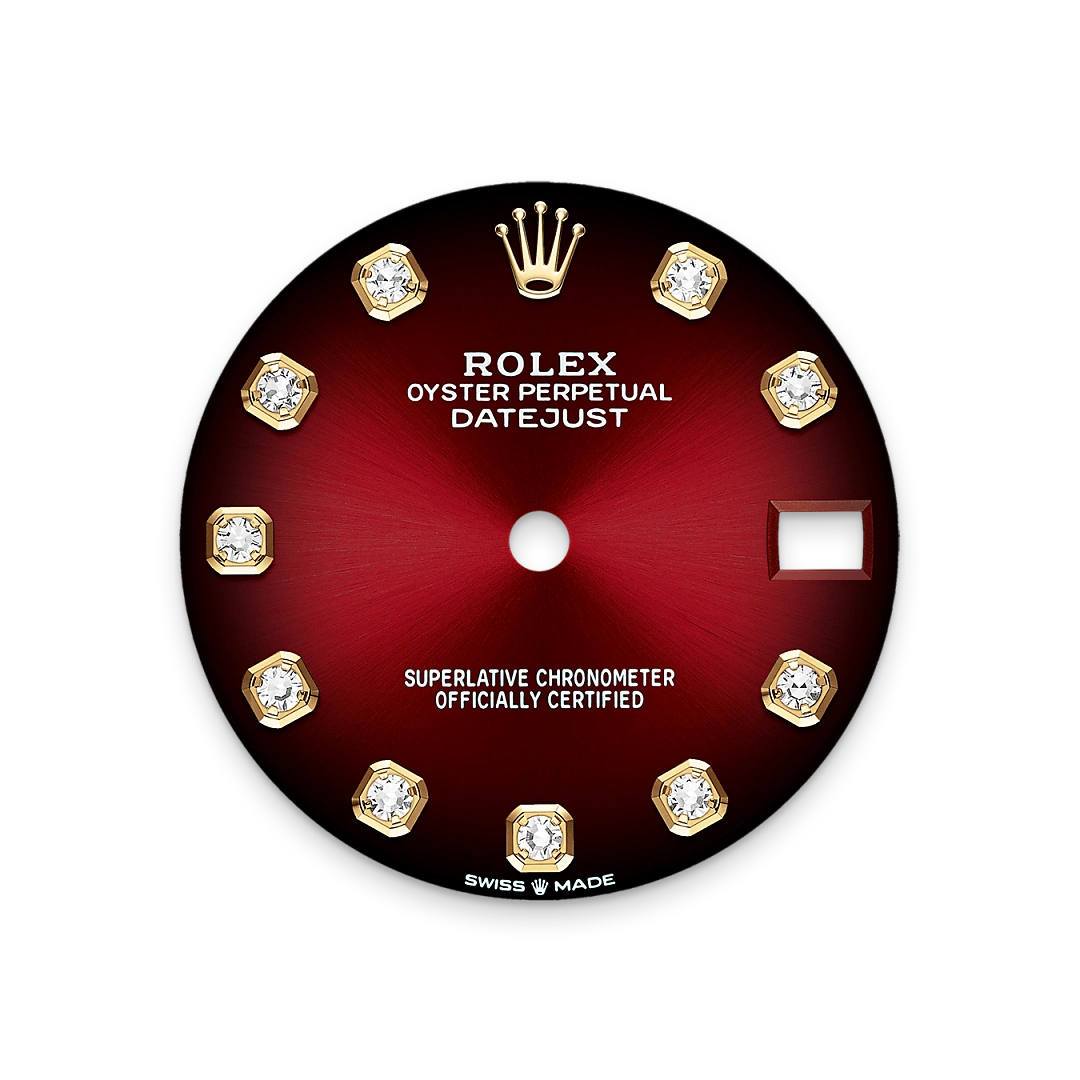 Rolex Datejust 31 in yellow gold with a Red ombré set with diamonds dial, fluted bezel, and President bracelet, m278278-0049 - AH Riise Rolex Datejust 31 in yellow gold with a Red ombré set with diamonds dial, fluted bezel, and President bracelet, m278278-0049 - AH Riise