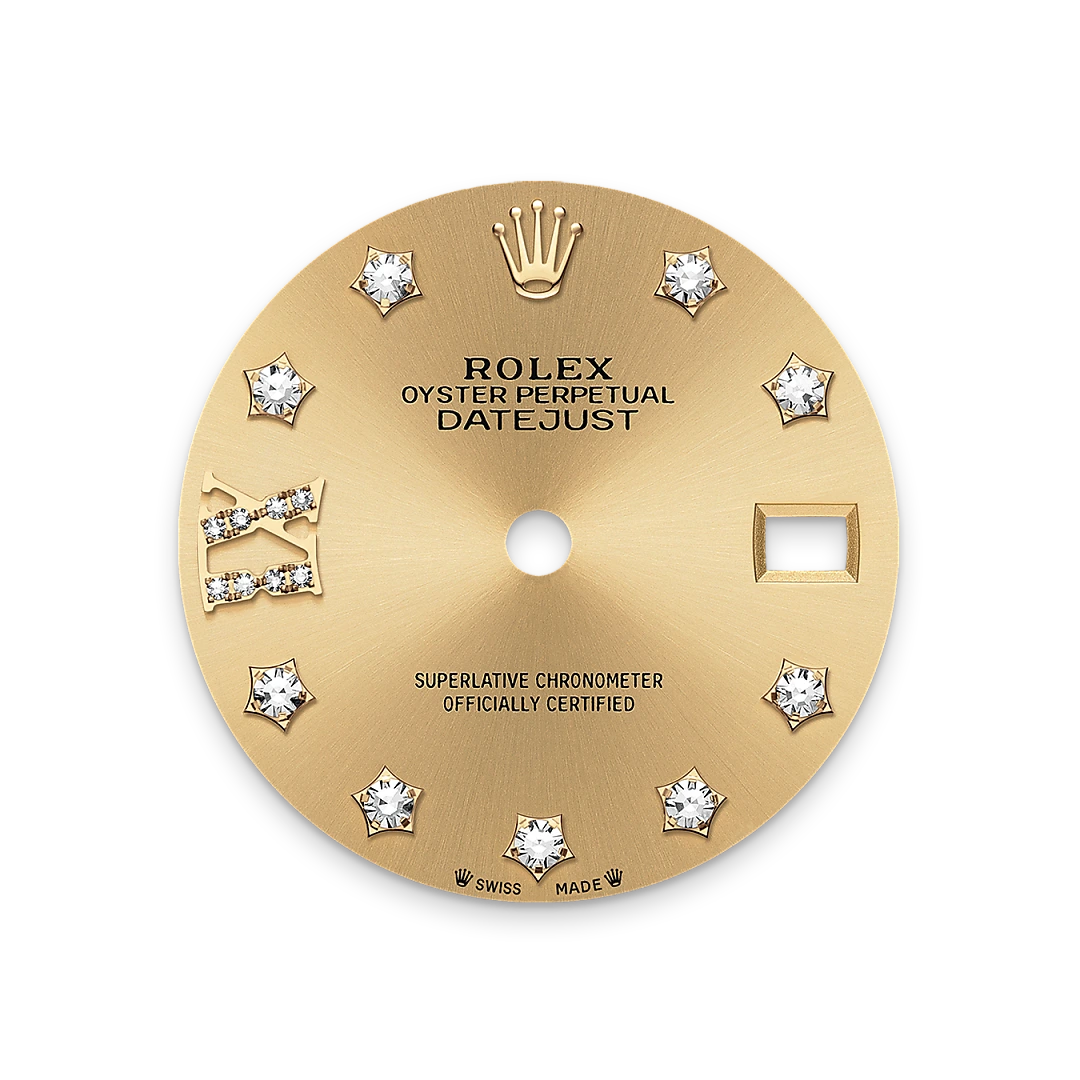 Rolex Lady-Datejust 28 in yellow gold and diamonds, with a Champagne-colour dial, bezel with diamonds, and President bracelet, m279138rbr-0006 - AH Riise