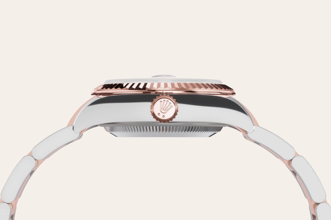 Rolex Lady-Datejust 28 in Oystersteel and Everose gold with a Rosé-colour set with diamonds dial, fluted bezel, and Oyster bracelet, m279171-0028 - AH Riise